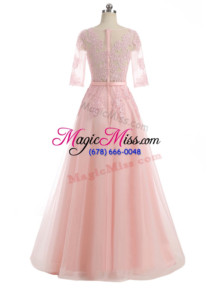 wholesale sweet pink zipper dress for prom lace and appliques short sleeves floor length