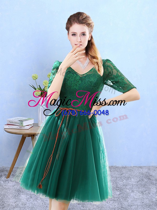 wholesale knee length green bridesmaid dresses tulle half sleeves lace