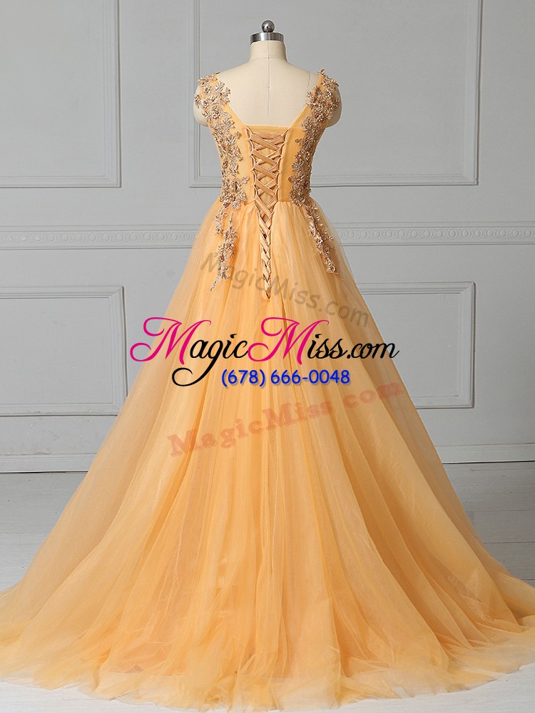 wholesale new arrival lace up military ball gowns gold for prom and party with appliques and pattern brush train