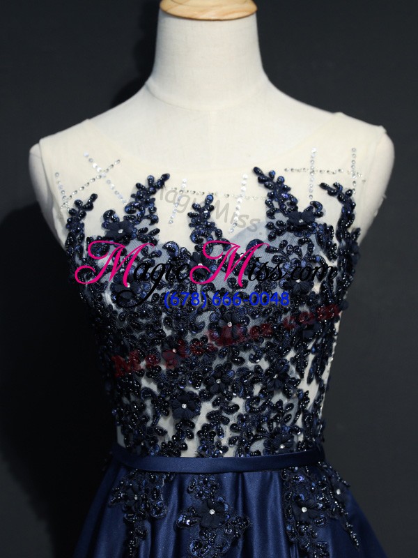 wholesale navy blue empire scoop sleeveless taffeta brush train zipper beading and appliques prom gown