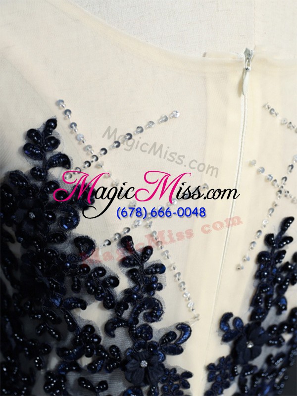 wholesale navy blue empire scoop sleeveless taffeta brush train zipper beading and appliques prom gown