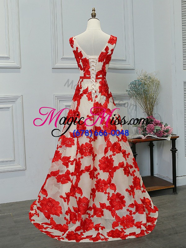 wholesale appliques dress for prom white and red lace up sleeveless floor length