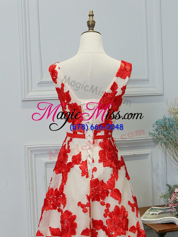 wholesale appliques dress for prom white and red lace up sleeveless floor length