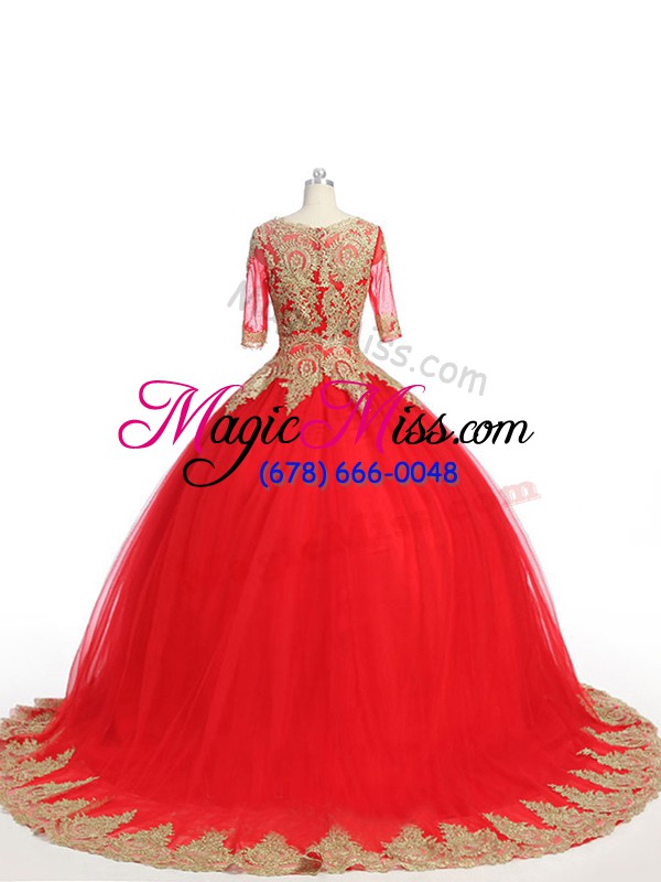 wholesale red half sleeves brush train lace and appliques quince ball gowns