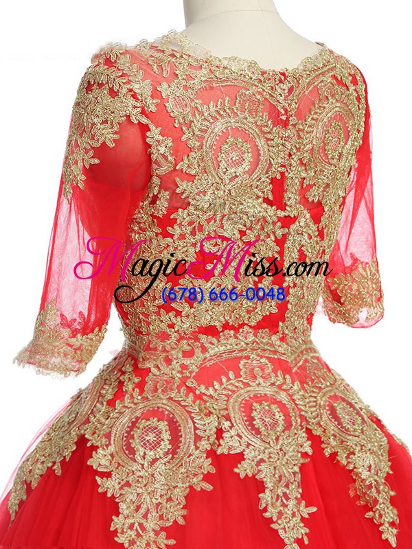 wholesale red half sleeves brush train lace and appliques quince ball gowns