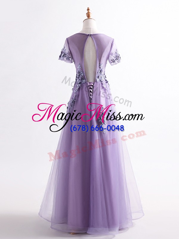 wholesale captivating lavender tulle backless mother of bride dresses short sleeves floor length appliques