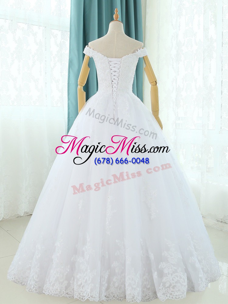 wholesale graceful white tulle lace up off the shoulder sleeveless floor length bridal gown lace and appliques