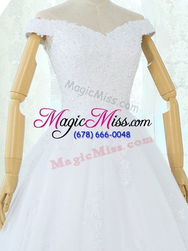 wholesale graceful white tulle lace up off the shoulder sleeveless floor length bridal gown lace and appliques