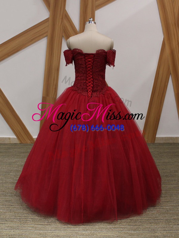 wholesale comfortable wine red sleeveless tulle lace up for prom and military ball and sweet 16 and quinceanera