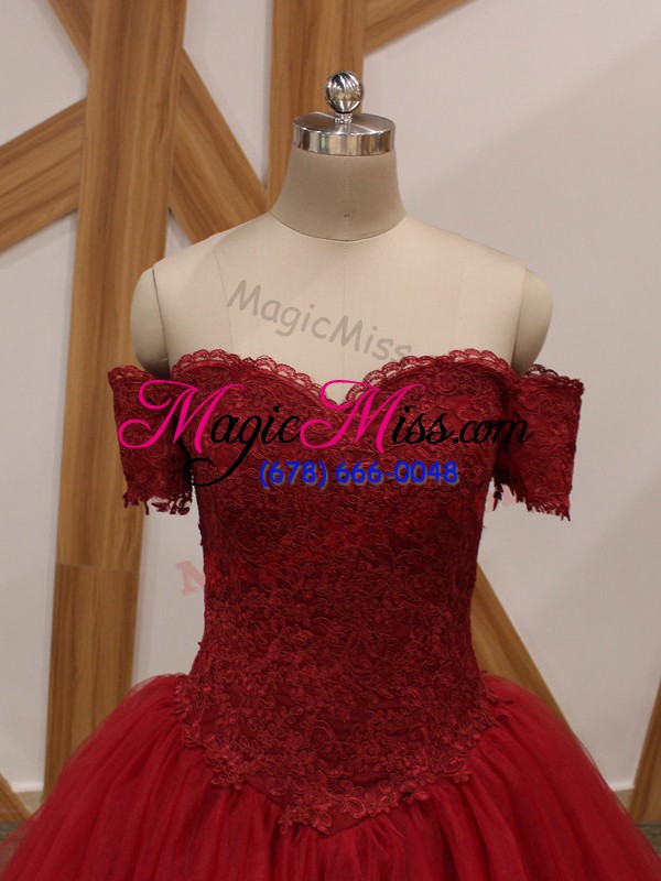 wholesale comfortable wine red sleeveless tulle lace up for prom and military ball and sweet 16 and quinceanera