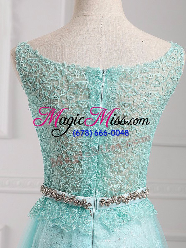 wholesale apple green scoop neckline lace and belt evening dress long sleeves zipper