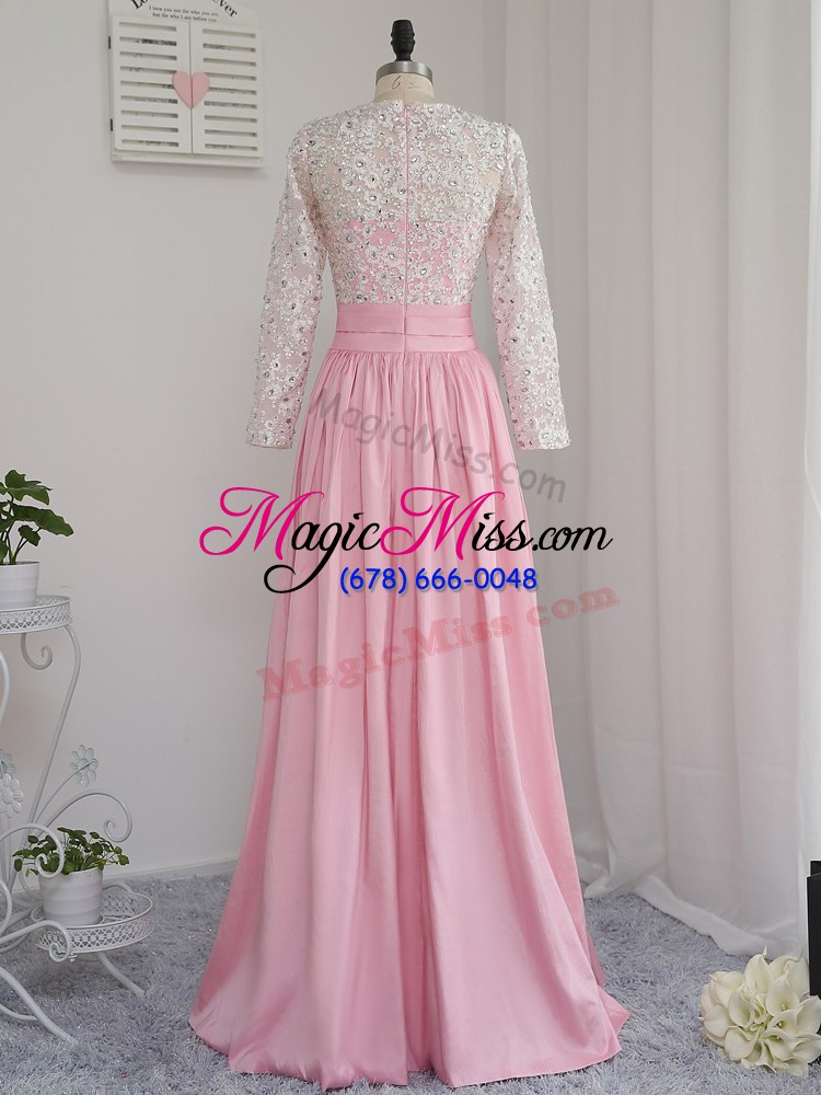 wholesale elegant baby pink chiffon zipper v-neck long sleeves floor length junior homecoming dress beading