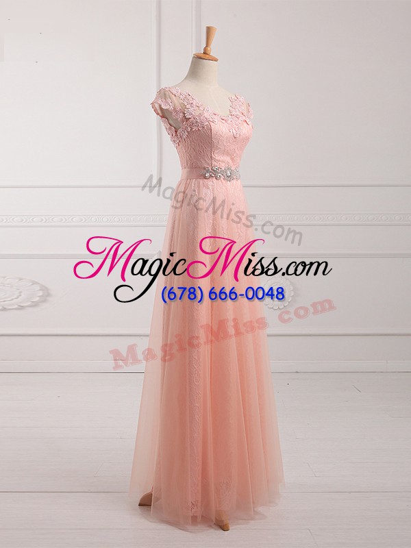 wholesale excellent tulle and lace v-neck short sleeves lace up beading and lace and appliques mother of the bride dress in peach
