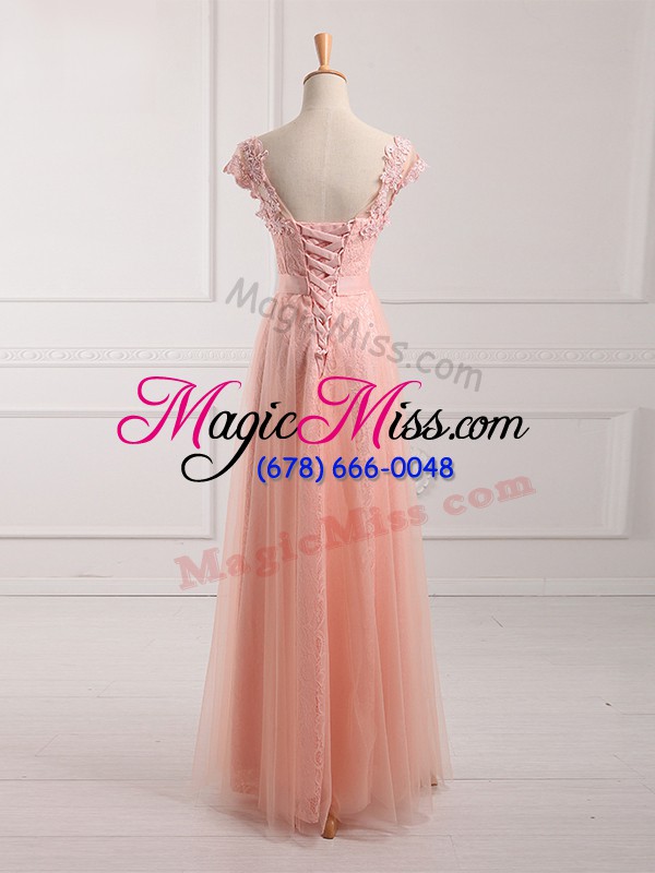 wholesale excellent tulle and lace v-neck short sleeves lace up beading and lace and appliques mother of the bride dress in peach