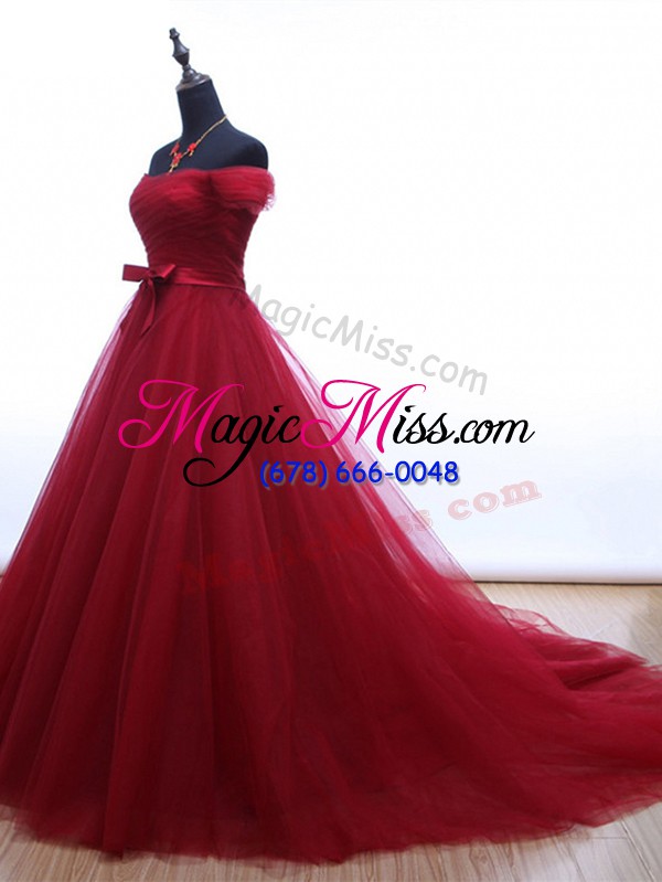 wholesale lace up formal dresses burgundy for prom and party with ruching and belt brush train