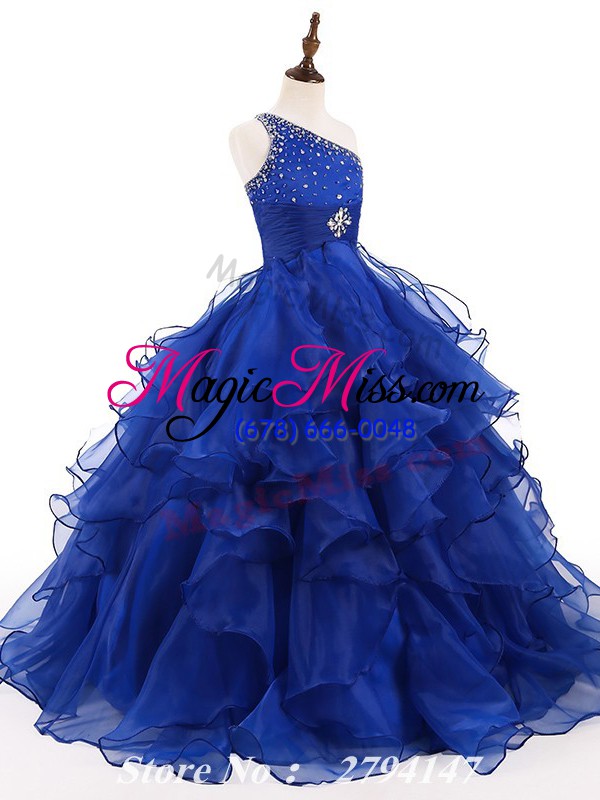 wholesale on sale one shoulder sleeveless organza little girls pageant dress wholesale beading and ruffles zipper