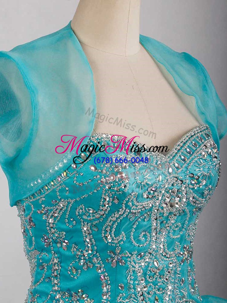 wholesale hot sale aqua blue sweetheart lace up beading and ruffles sweet 16 quinceanera dress brush train sleeveless