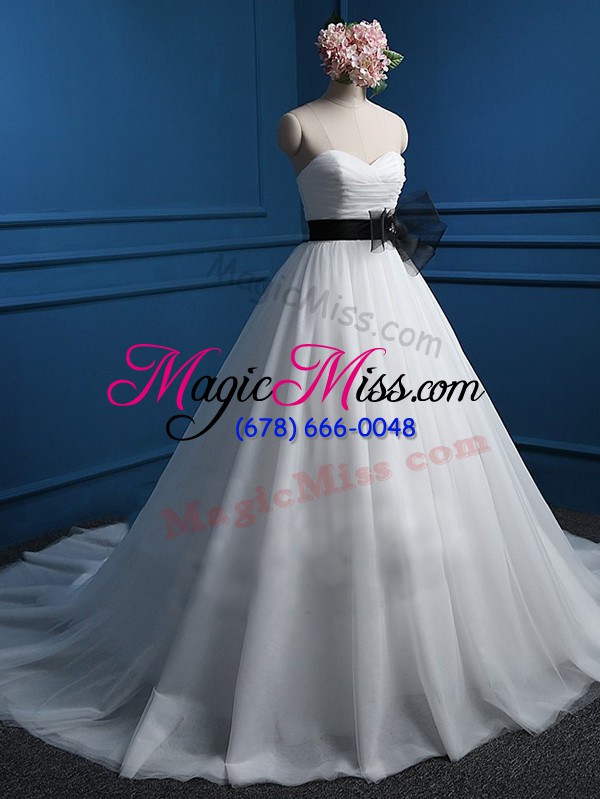 wholesale dramatic white a-line tulle sweetheart sleeveless ruching and bowknot lace up wedding dresses court train
