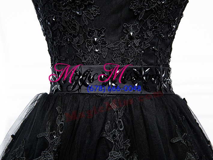 wholesale glittering black off the shoulder neckline beading and lace and appliques prom gown sleeveless lace up