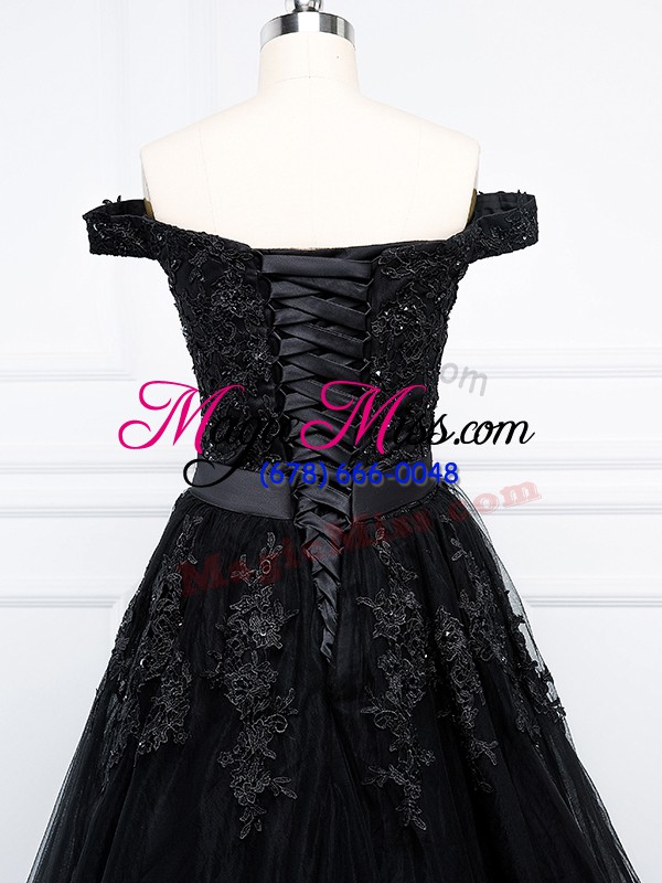 wholesale glittering black off the shoulder neckline beading and lace and appliques prom gown sleeveless lace up