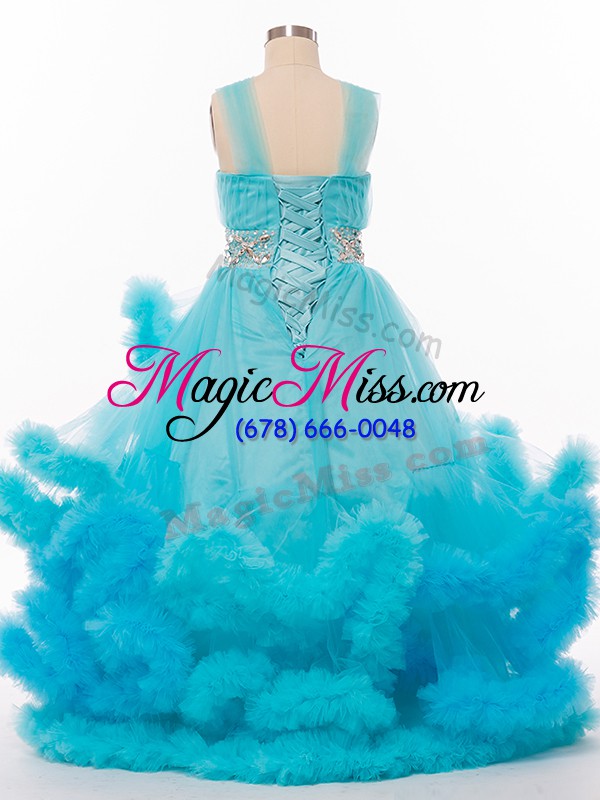 wholesale high class floor length baby blue little girls pageant gowns v-neck sleeveless lace up