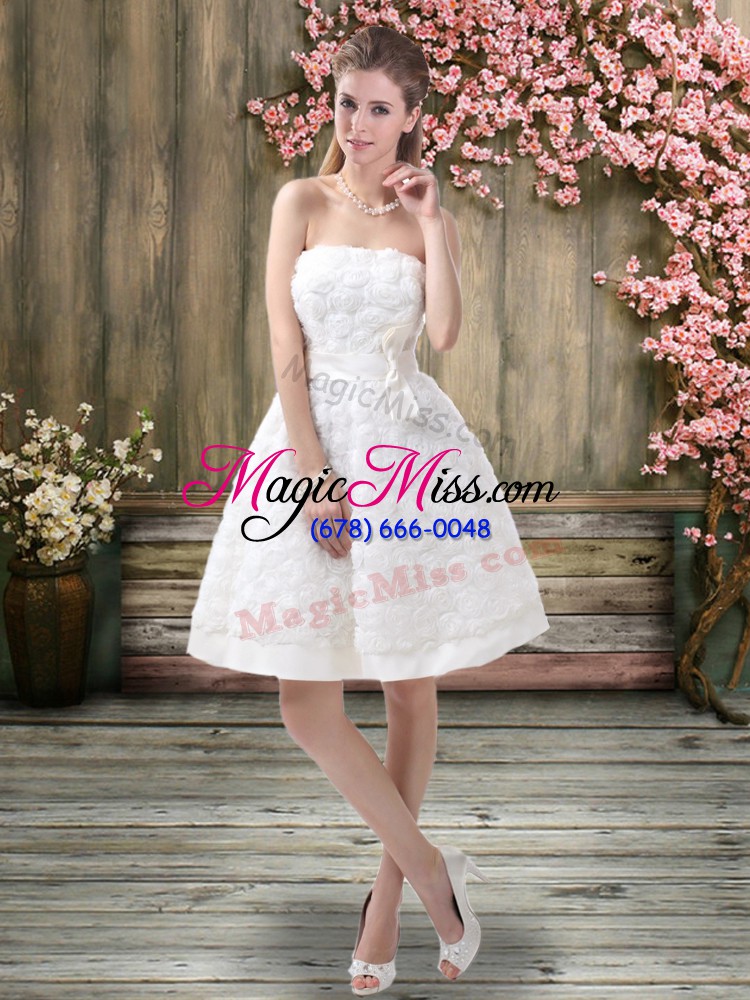 wholesale white fabric with rolling flowers zipper off the shoulder sleeveless knee length wedding dresses belt