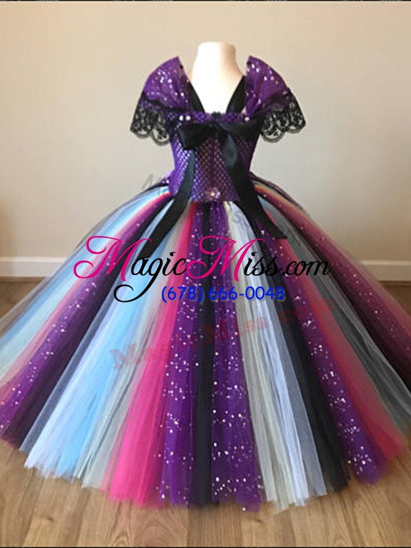 wholesale sequins and pattern pageant gowns for girls multi-color zipper short sleeves floor length