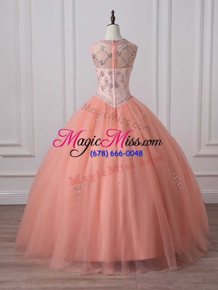 wholesale exceptional peach sleeveless floor length beading zipper ball gown prom dress