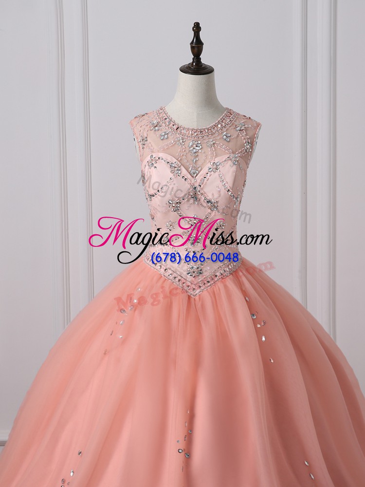wholesale exceptional peach sleeveless floor length beading zipper ball gown prom dress