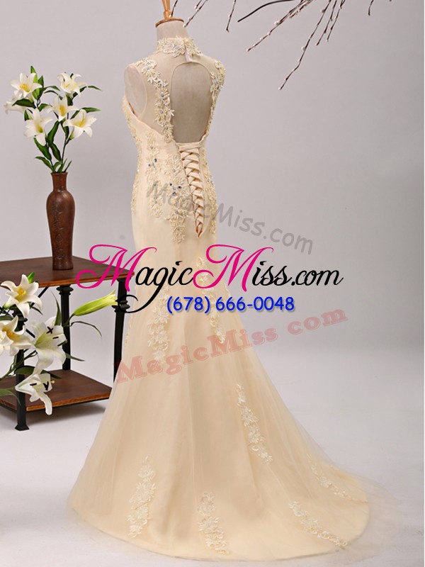 wholesale noble champagne empire v-neck 3 4 length sleeve tulle brush train lace up beading and lace and appliques mother of the bride dress