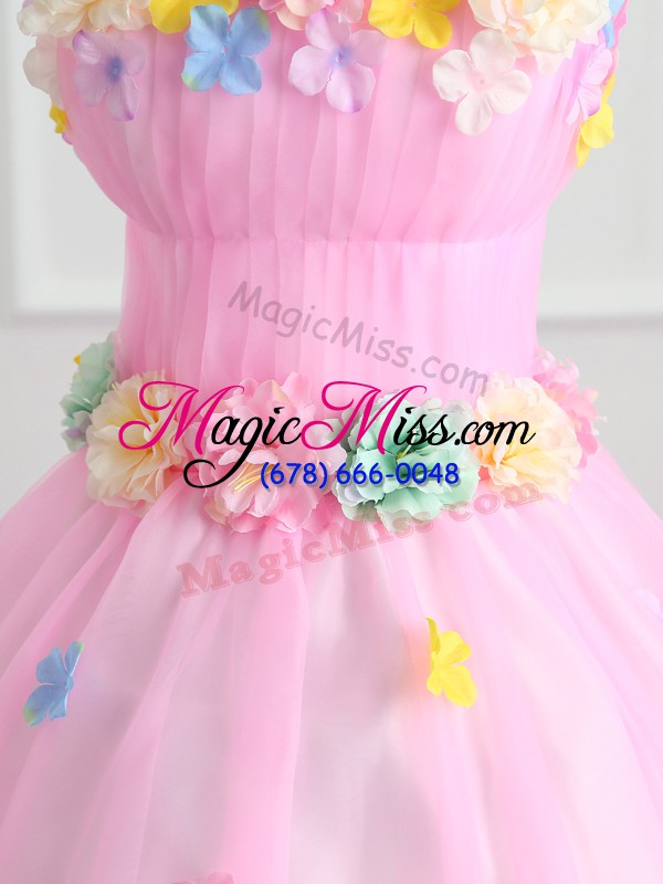 wholesale organza sleeveless floor length 15th birthday dress and appliques and hand made flower