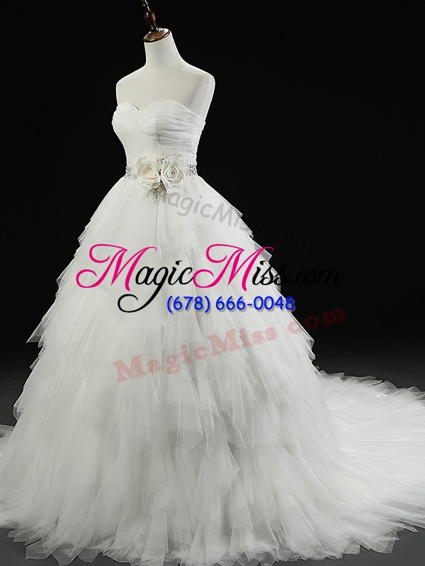 wholesale white ball gowns beading and ruffles and hand made flower wedding gown lace up tulle sleeveless
