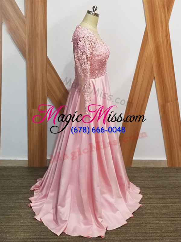 wholesale fashionable baby pink elastic woven satin backless mother dresses long sleeves beading and appliques