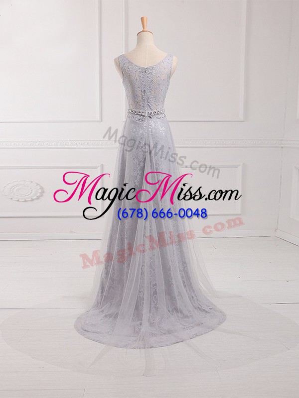 wholesale grey tulle and lace zipper scoop sleeveless wedding guest dresses brush train beading and lace