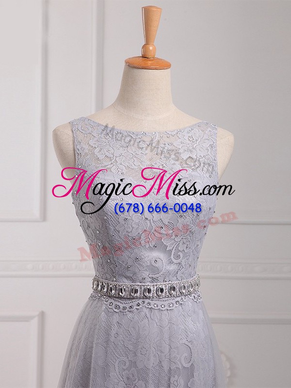 wholesale grey tulle and lace zipper scoop sleeveless wedding guest dresses brush train beading and lace