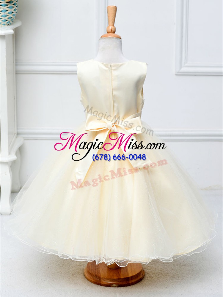 wholesale sleeveless tulle knee length zipper little girls pageant dress wholesale in champagne with lace and bowknot
