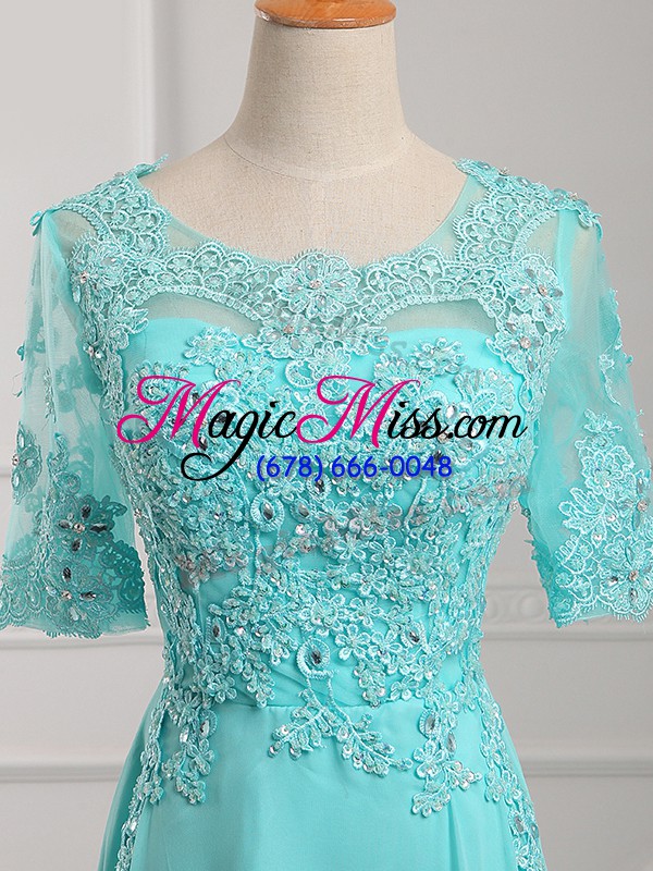 wholesale aqua blue scoop zipper lace and appliques mother of bride dresses half sleeves