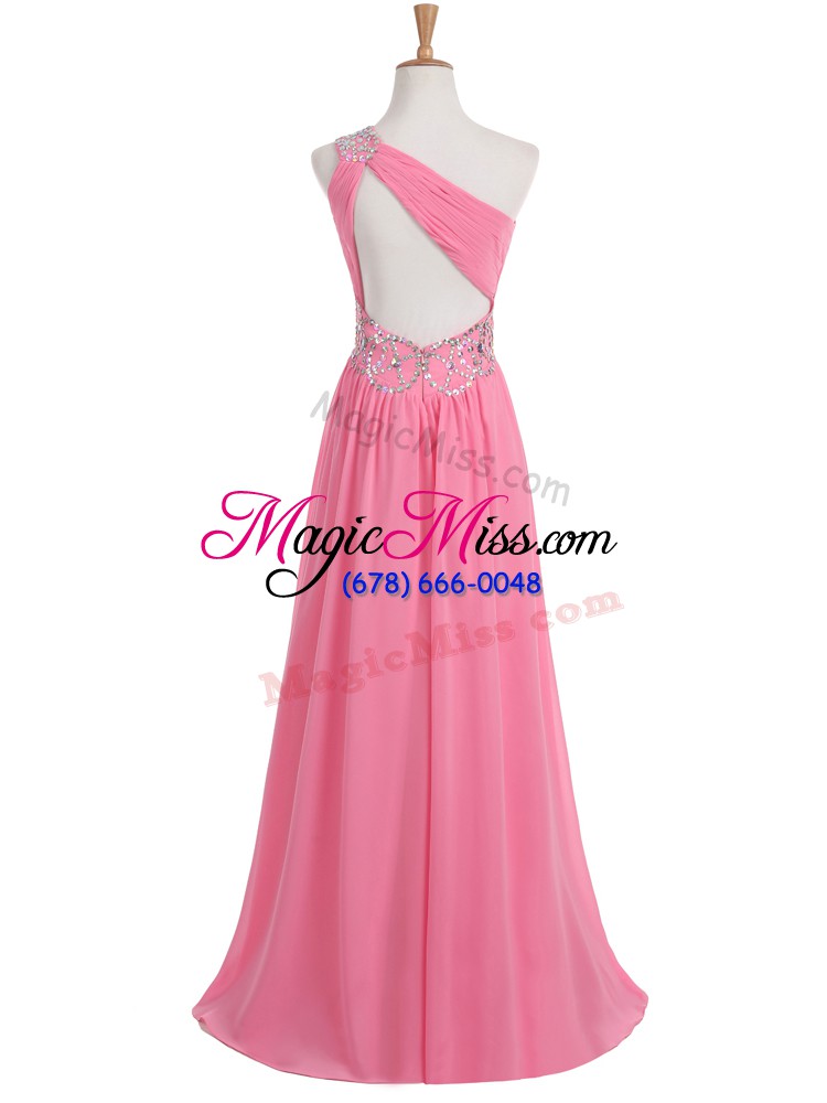 wholesale one shoulder sleeveless evening party dresses floor length beading and ruching rose pink chiffon
