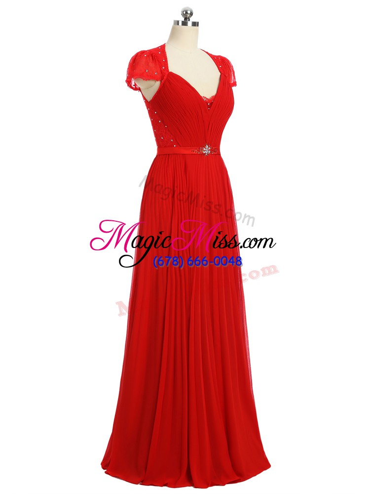 wholesale sweetheart short sleeves prom evening gown floor length beading and ruching and belt red chiffon