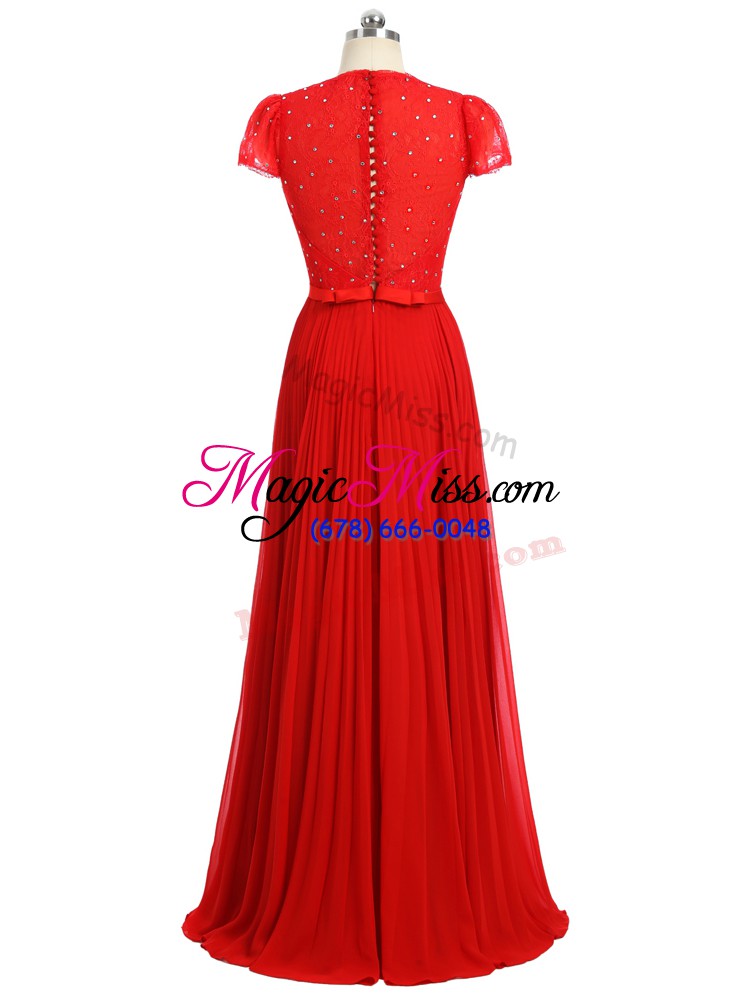 wholesale sweetheart short sleeves prom evening gown floor length beading and ruching and belt red chiffon