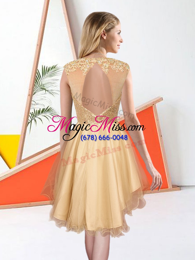 wholesale attractive champagne a-line bateau sleeveless organza high low backless beading and lace bridesmaid dresses