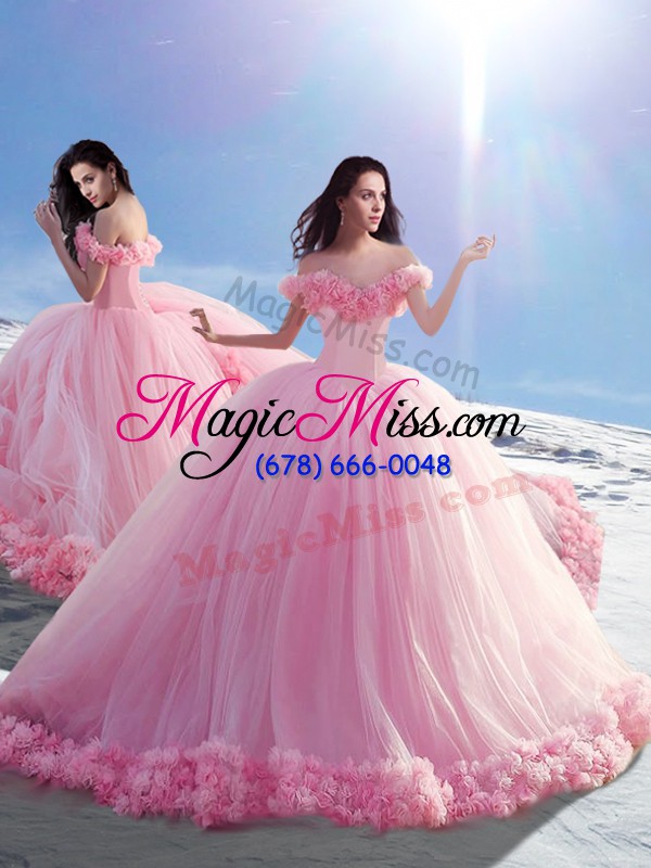 wholesale dramatic off the shoulder sleeveless ball gown prom dress brush train hand made flower baby pink tulle