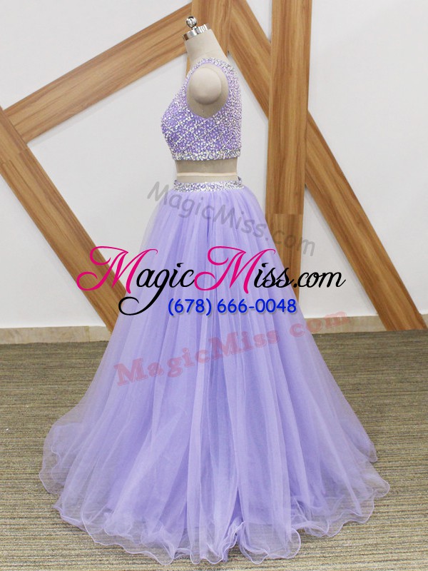 wholesale admirable sleeveless tulle floor length side zipper prom party dress in lavender with beading