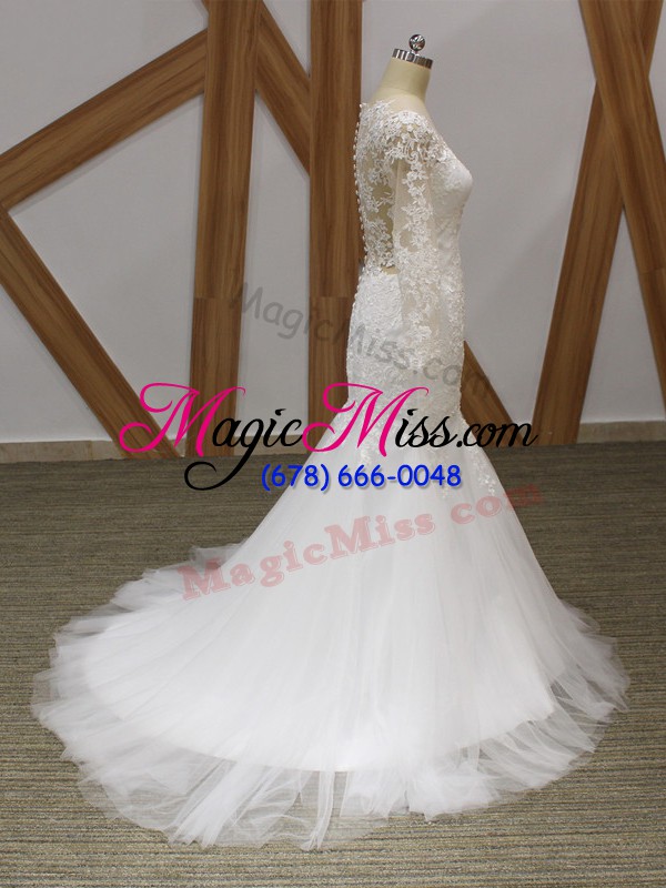 wholesale white mermaid scoop sleeveless tulle brush train zipper lace and appliques wedding dress