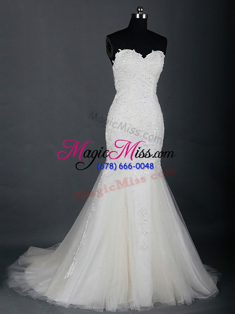 wholesale fancy mermaid sleeveless white wedding gown brush train zipper