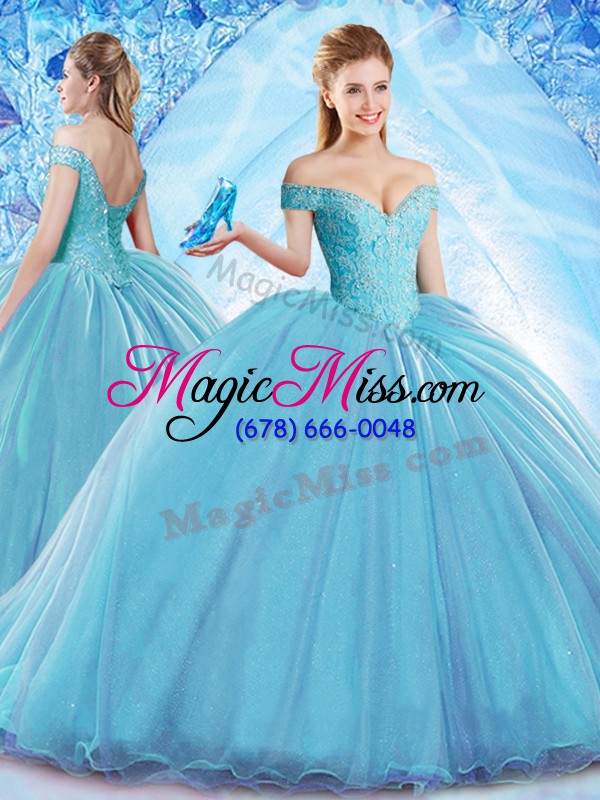 wholesale baby blue off the shoulder lace up beading quinceanera dress sweep train sleeveless