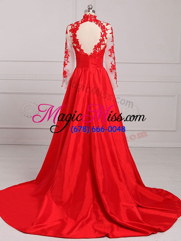 wholesale affordable lace and appliques formal evening gowns red backless long sleeves brush train