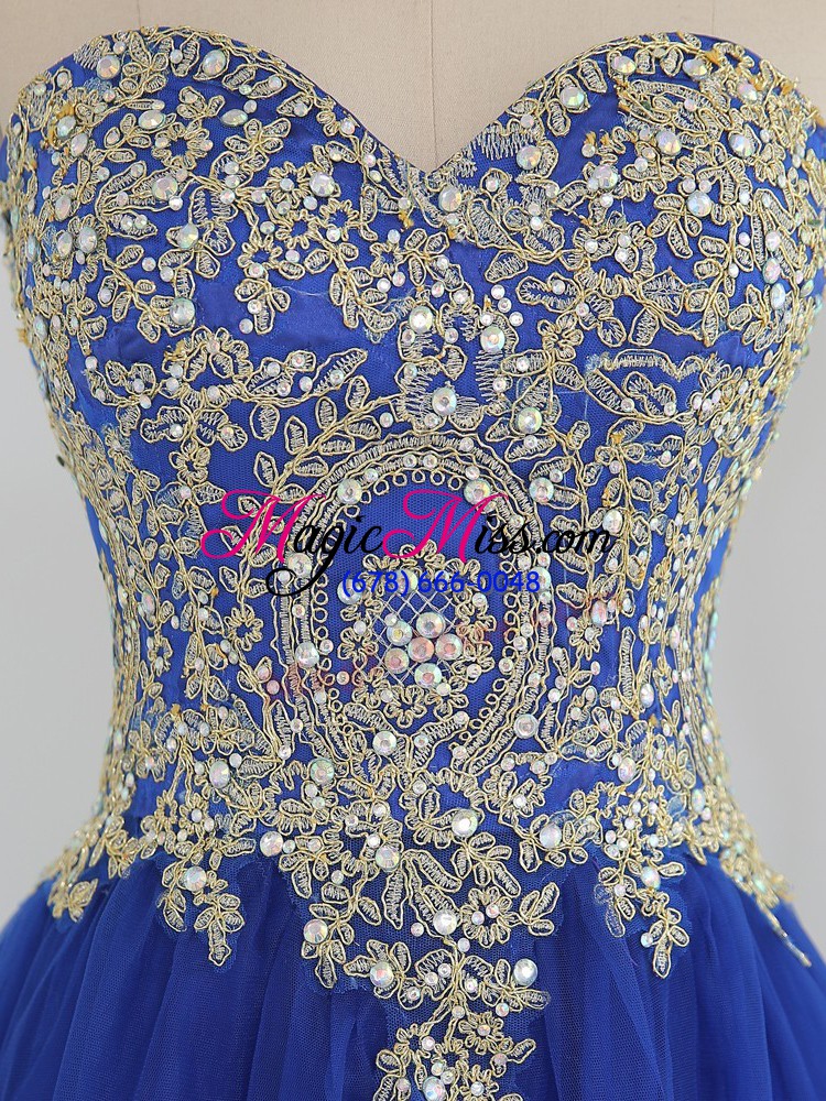 wholesale royal blue zipper sweetheart beading prom gown tulle sleeveless