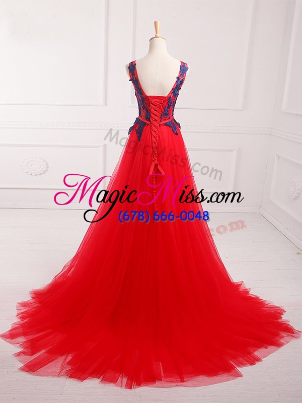 wholesale cute sleeveless tulle brush train lace up dress for prom in red with lace and appliques