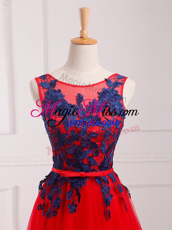 wholesale cute sleeveless tulle brush train lace up dress for prom in red with lace and appliques